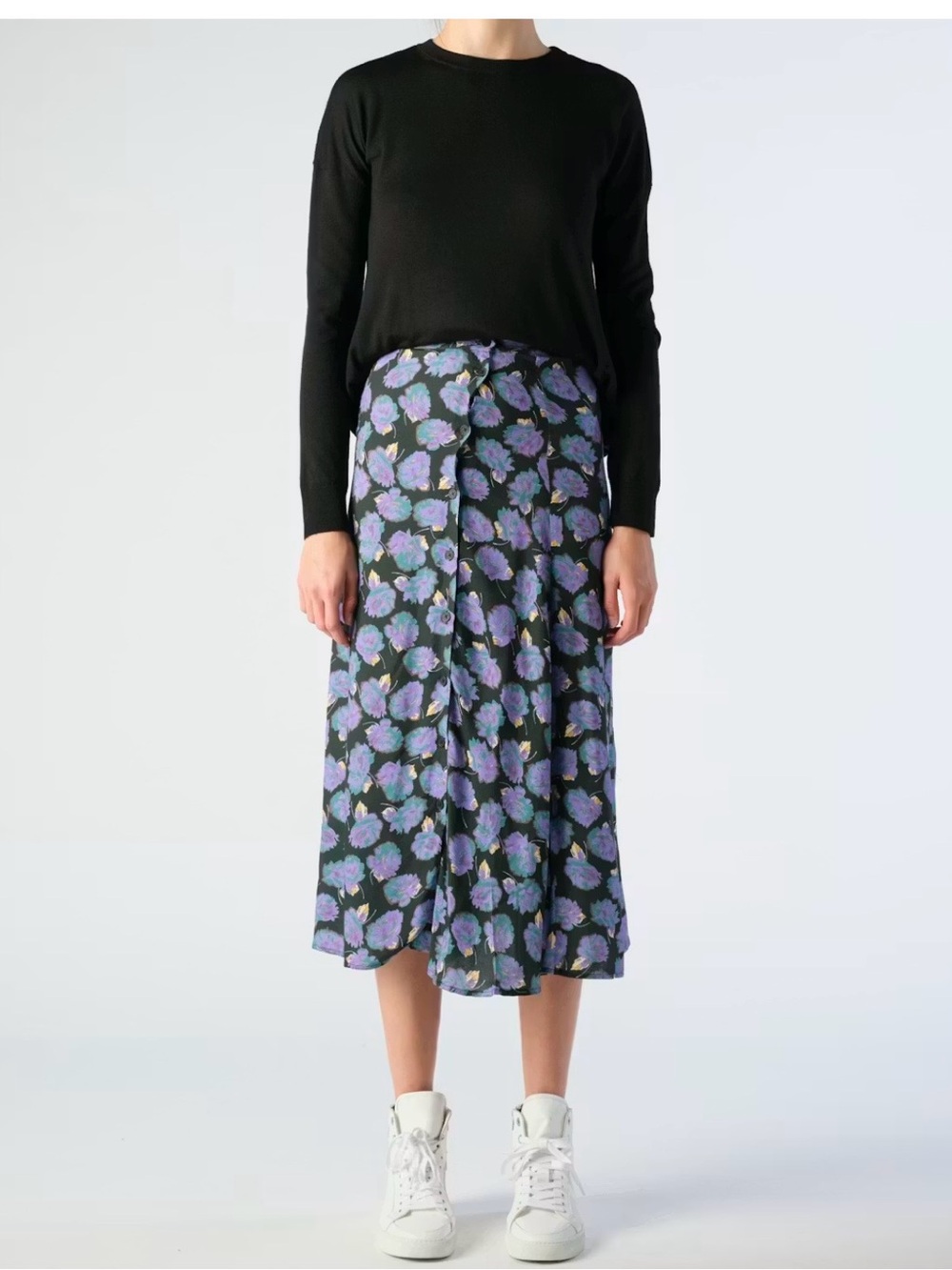 Zadig & Voltaire June Roses Floral Midi Skirt in Black with Purple Floral Print